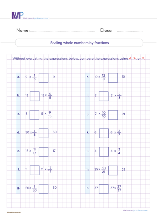 Scaling whole numbers by fractions worksheet