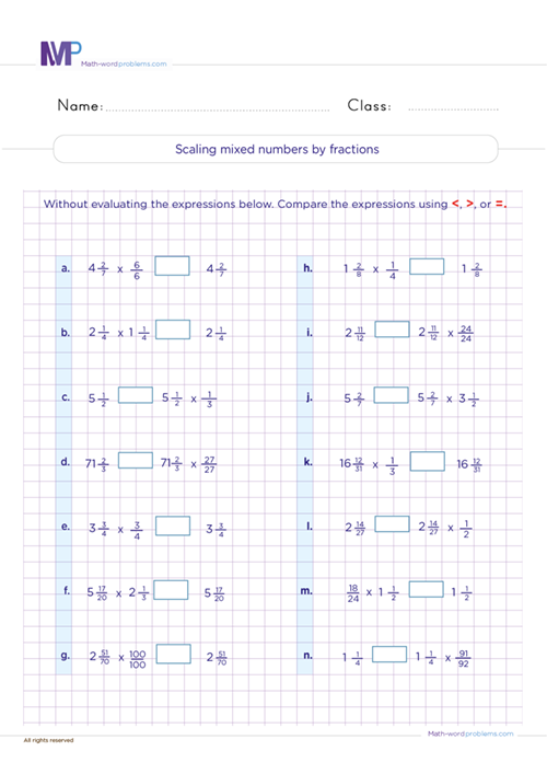 Scaling mixed numbers by fractions worksheet