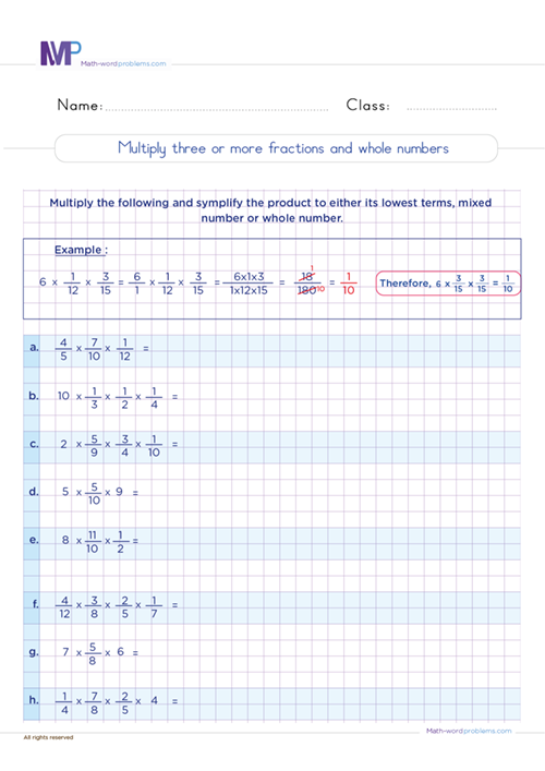 multiply-three-or-more-fractions-and-whole-numbers worksheet