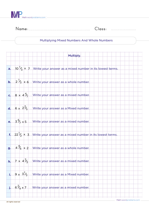 Multiply mixed numbers and whole numbers worksheet