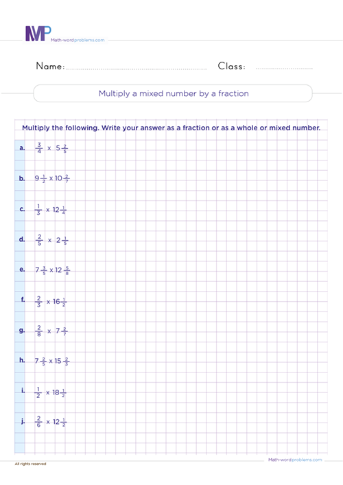 Multiply a mixed number by a fraction worksheet