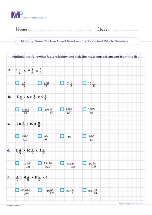 Multiply three or more mixed numbers fractions and or whole numbers worksheet