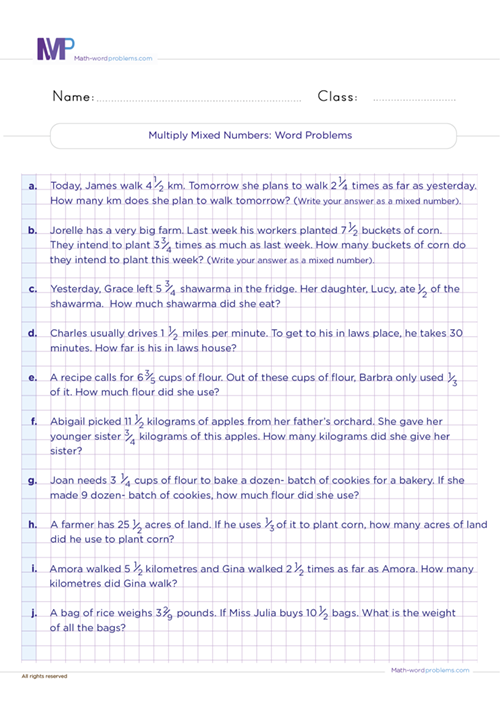 Multiplying mixed numbers word problems worksheet