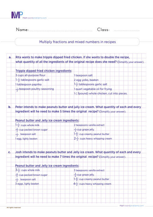 Multiply fractions and mixed numbers in recipes worksheet