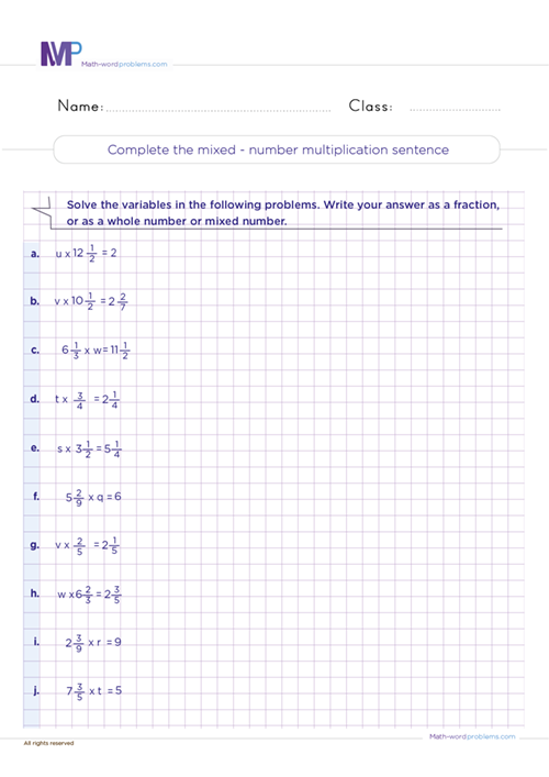 Complete the mixed number multiplication sentence worksheet