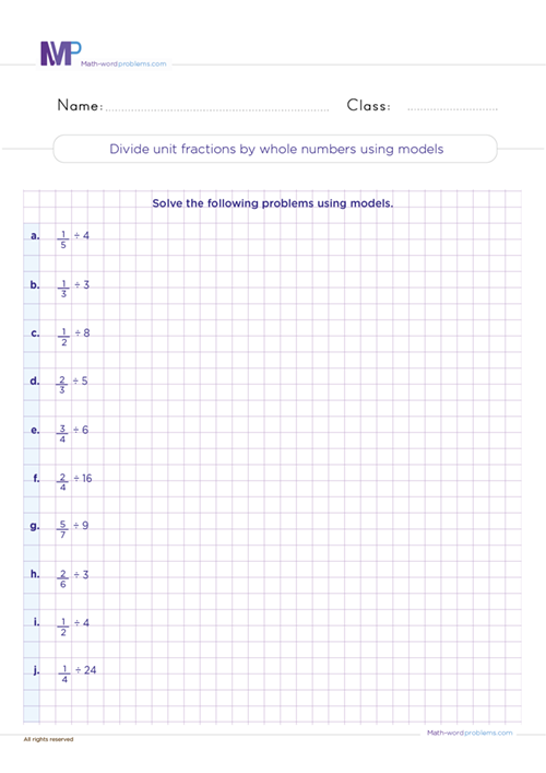 Divide unit fractions by whole numbers using models worksheet