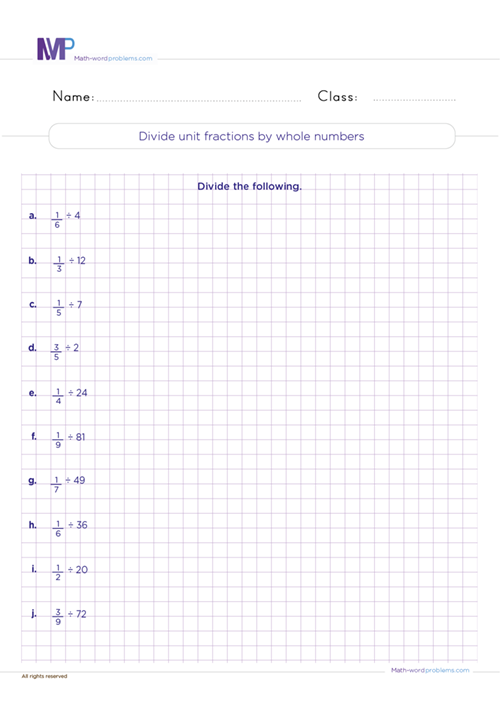Divide unit fractions by whole-numbers worksheet