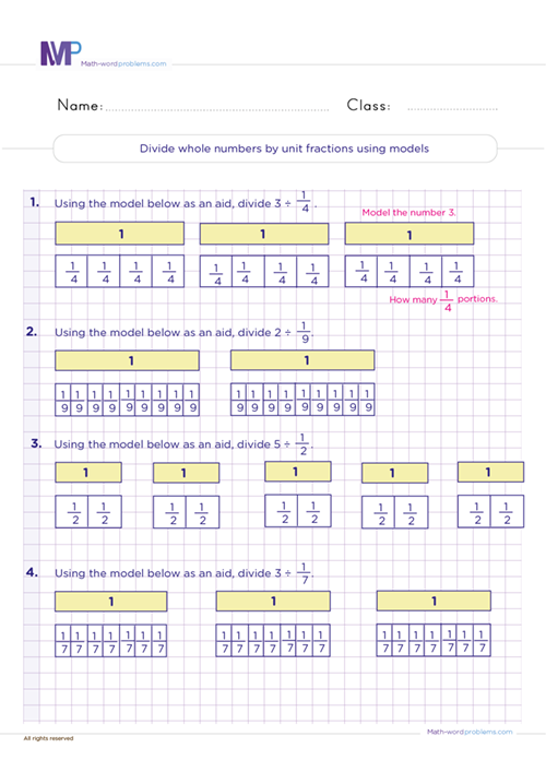 Divide whole numbers by unit fractions using models worksheet