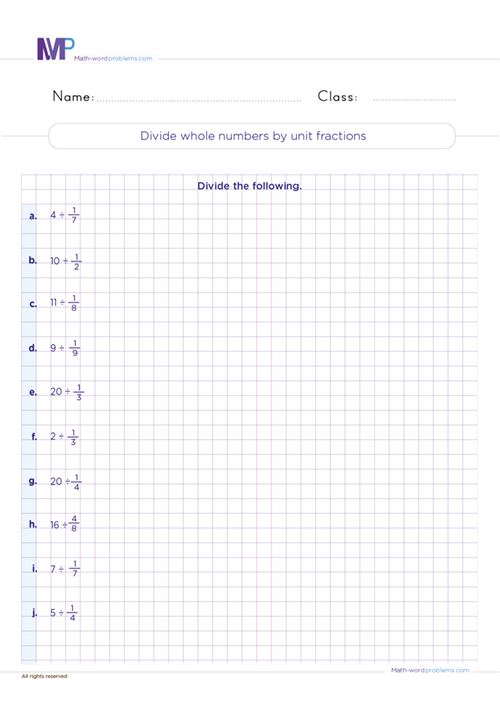 Divide whole numbers by unit fractions worksheet