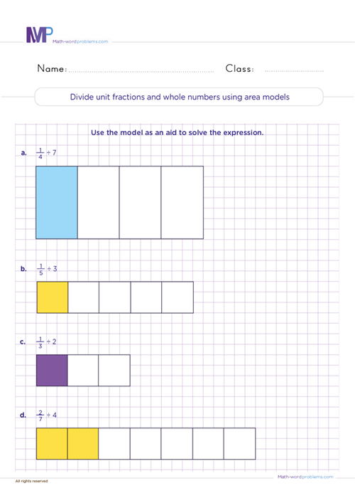 Divide unit fractions and whole numbers using area models worksheet