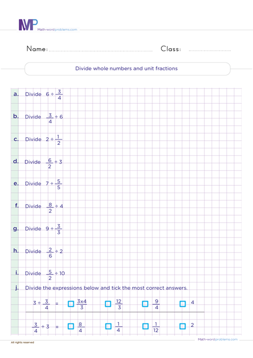Divide numbers and unit fractions worksheet