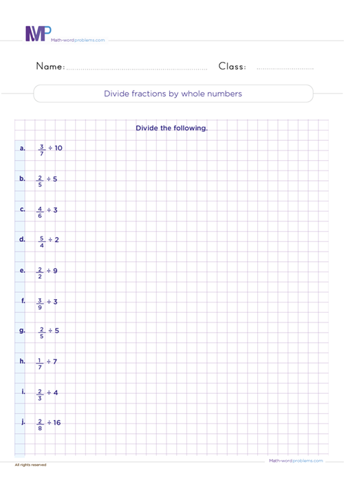Divide fractions by whole numbers worksheet