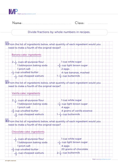 Divide fractions by whole numbers in recipes worksheet
