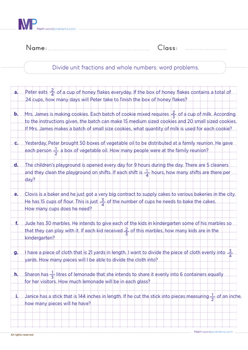 Divide unit fractions and whole numbers word problems worksheet