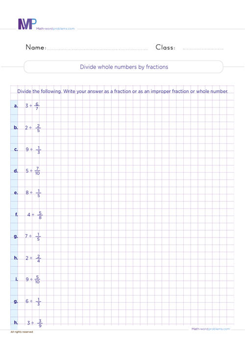 Divide whole numbers by fractions worksheet
