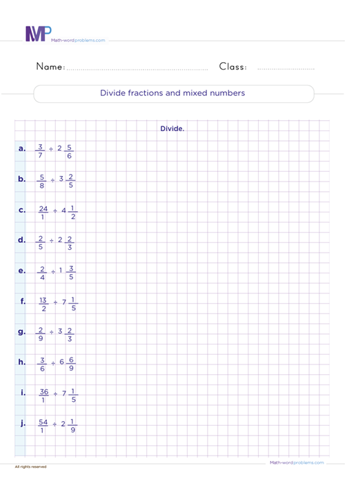 Divide fractions and mixed numbers worksheet