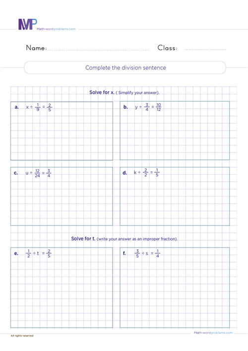 Complete the division sentence worksheet