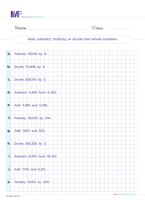 Add subtract multiply or divide two whole numbers worksheet