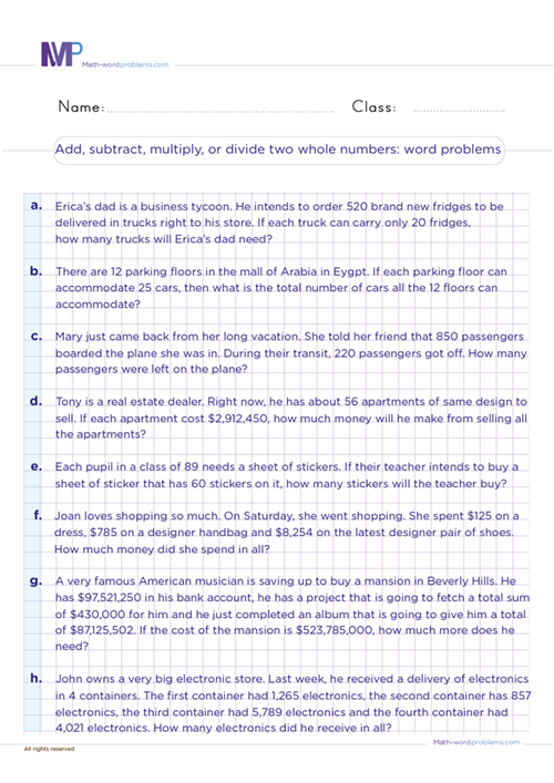 Adding subtracting multiplying and dividing whole numbers word problems worksheet