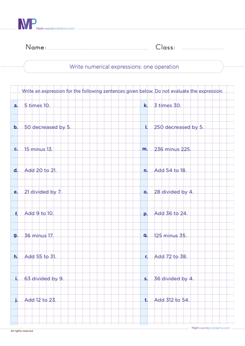 write-numerical-expressions-one-operation worksheet