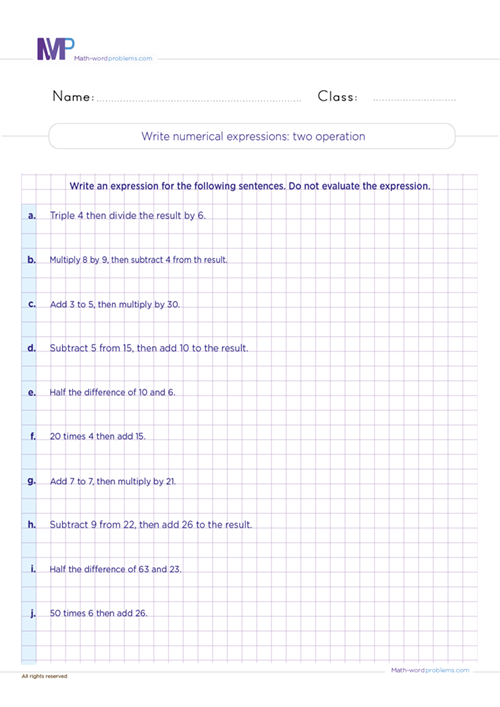 write-numerical-expressions-two-operations worksheet
