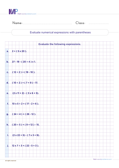 evaluate-numerical-expressions-with-parenthesis worksheet