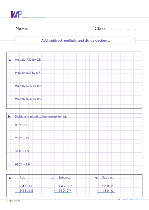 Add subtract multiply and divide decimals worksheet
