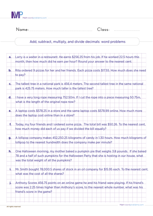 Add subtract multiply and divide decimals word problems worksheet