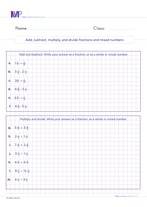 add-subtract-multiply-and-divide-fractions-by-mixed-numbers worksheet