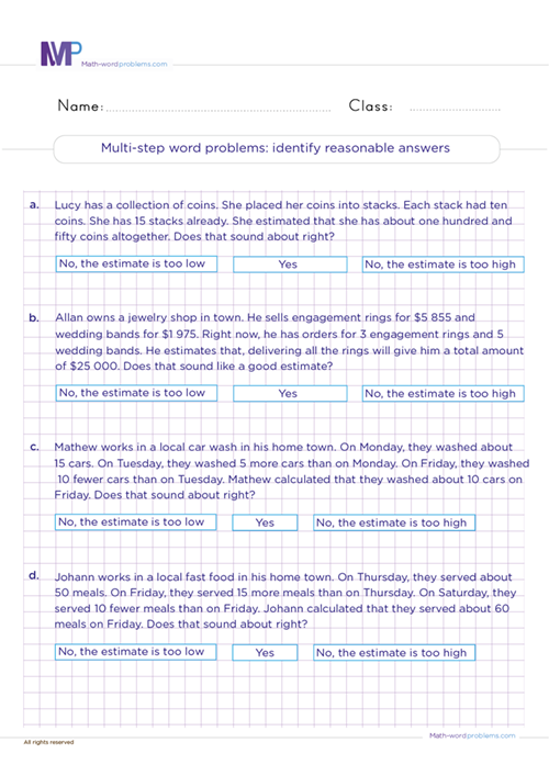 Multi step word problems identify reasonable answers worksheet