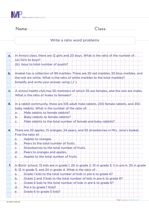 Write a ratio word problems worksheet
