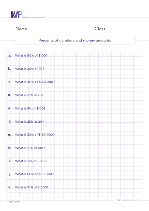 percents-of-numbers-and-money-amounts worksheet