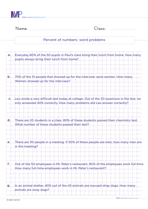 Percents of numbers word problems worksheet