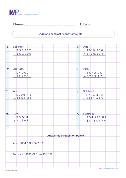 Add and subtract money amounts worksheet