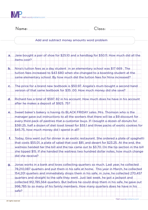 Add and subtract money amounts word problems worksheet