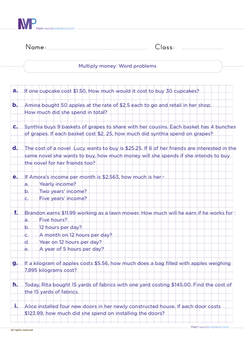 Multiply money word problems worksheet