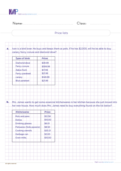 Price lists worksheet