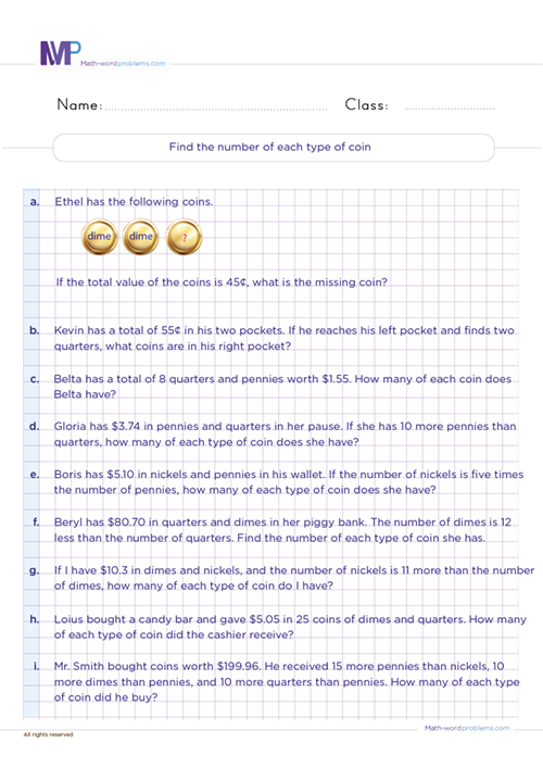 Find the number of each type of coin worksheet